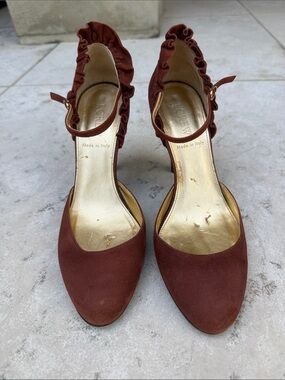J. Crew Factory Rust Suede Ruffle Ankle-Strap Pumps